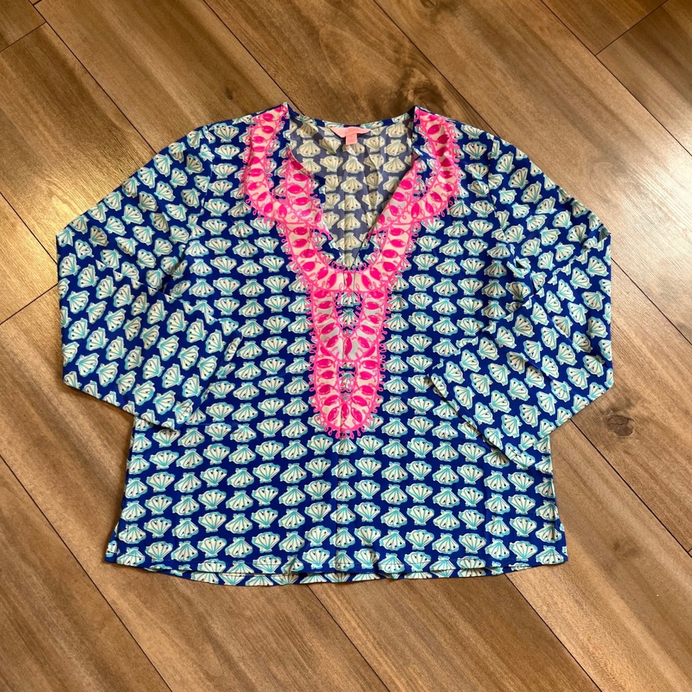 Lilly Pulitzer Womens Small Blue Pink Shell‎ Print V-Neck Tunic Top S Bin P-202